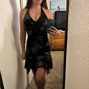 Y2K Black Halter Dress with Silver Floral Design